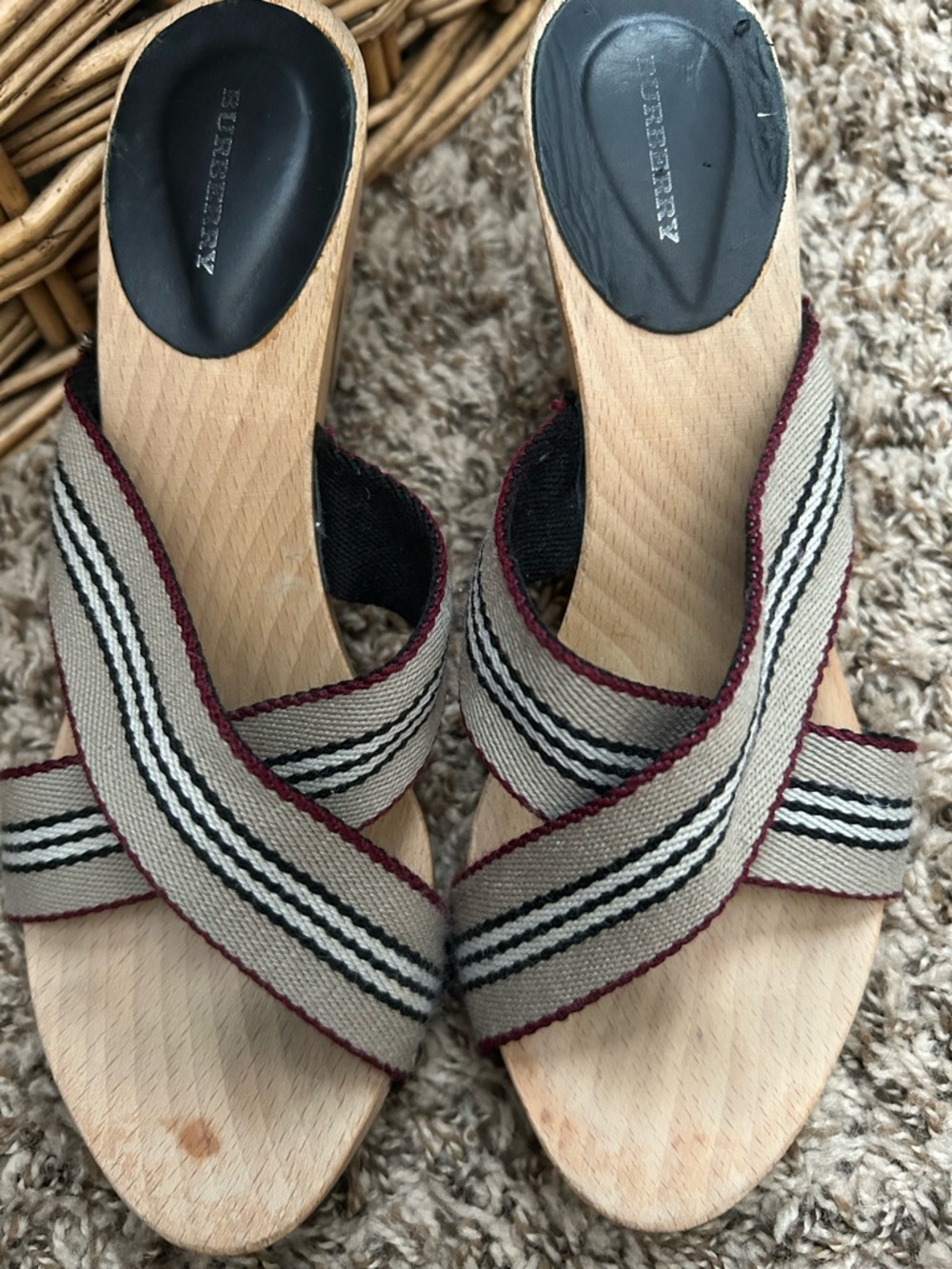 Burberry Beige and Black Striped Crisscross Mules with Burgundy Trim